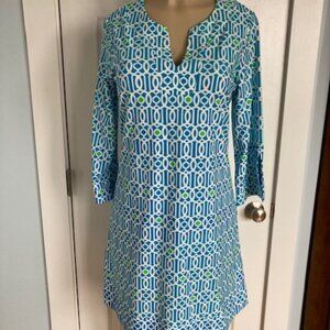 JUDE CONNALLY DRESS SIZE LARGE BLUE TRELLIS PATTERN